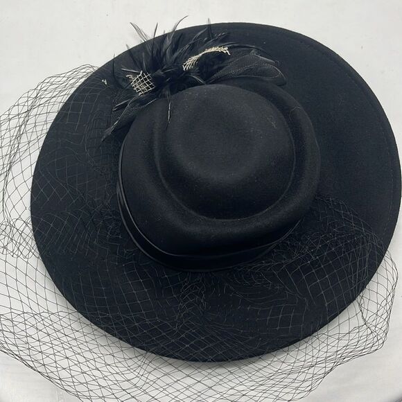 Black Wool Women's Formal Hat with Netting & Feathers - Picture 5 of 8